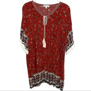 TASSELS N LACE Floral Patterned Tunic Red Dress